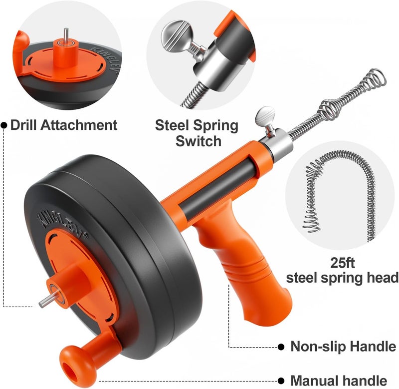 KINGLEV Drain Snake, 25ft Flexible Steel Drain Auger With Drill Adapter, Plumbing Unblocking Hand Auger, Manual Or Powered for Shower & Bathtub Clogs-No auto retract or feed (Orange) - Image 2